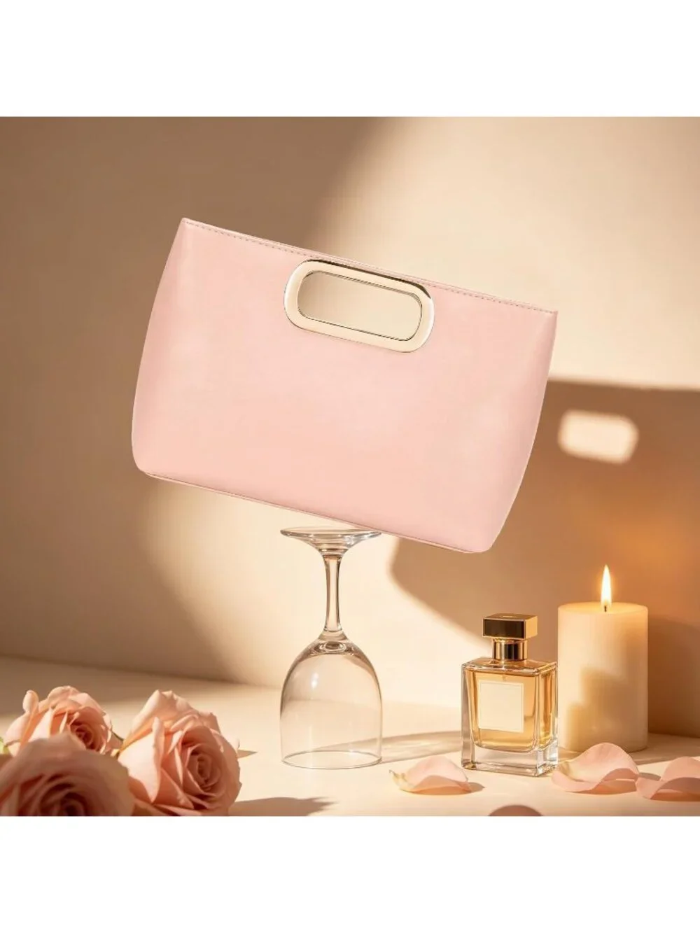 Women's Pink Clutch Handbag Modern Faux Leather with Metal Handle Evening Bag